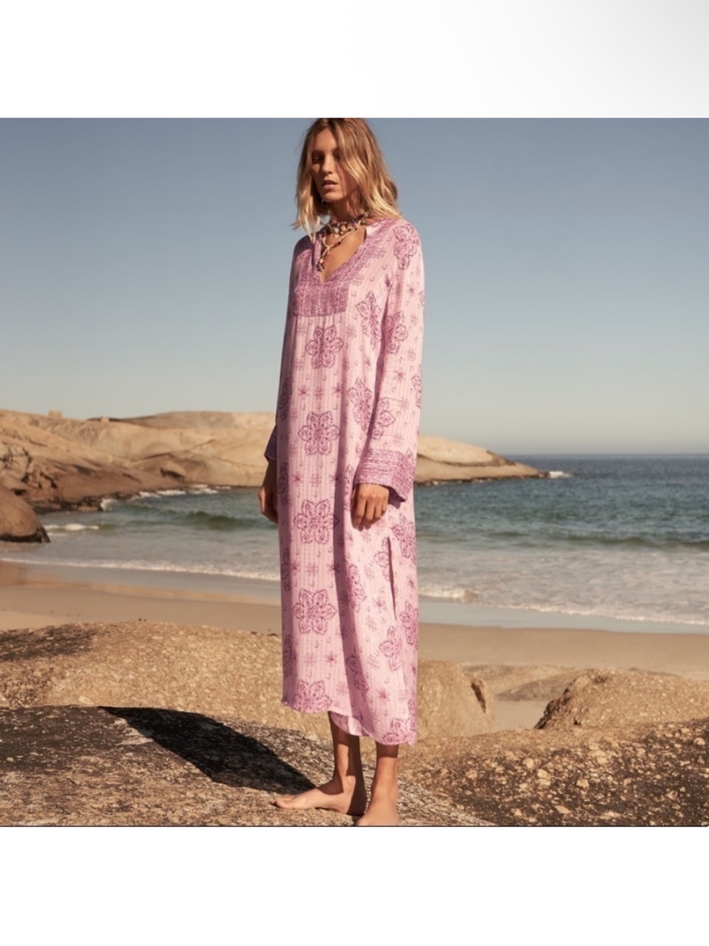 Zara Blogger's Favorite Pink Floral Metallic Sheer Long Sleeve Kaftan Maxi